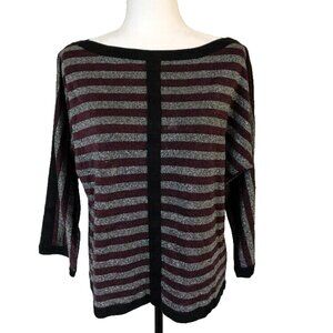 ST. JOHN Wool Rayon Sweater Yellow Label Medium Silver Burgundy Metallic Thread
